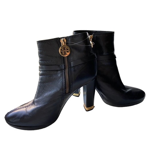 Tory Burch Women Whitney Leather Ankle Boots Size 6 Black Block Heel Gold Accent - Picture 6 of 12